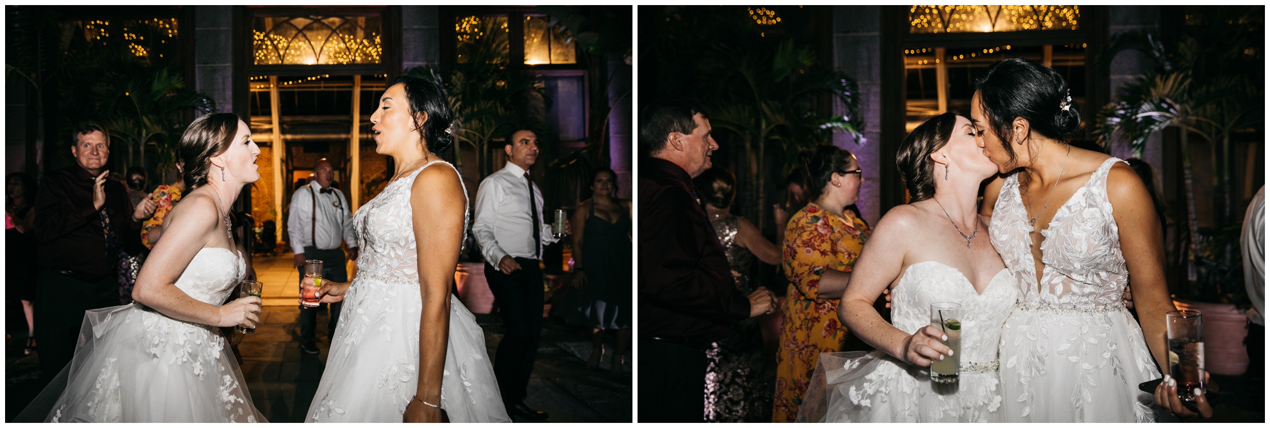 Two brides kissing on the dance floor at New England Botanic Garden at Tower Hill wedding reception